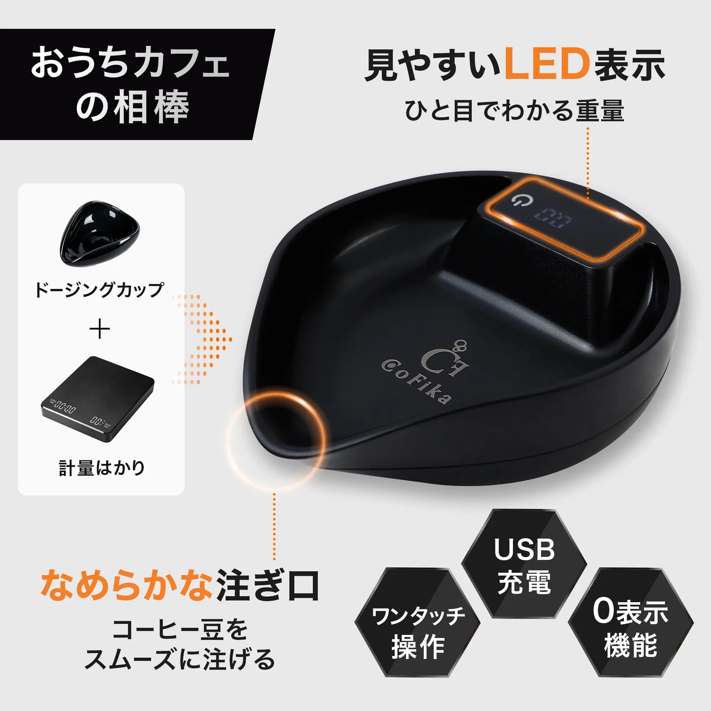 CoFika Black Edition Scale｜計量してそのまま注げる「トレイ一体型」コーヒースケール（0.1g高精度 / USB充電） CoFika
